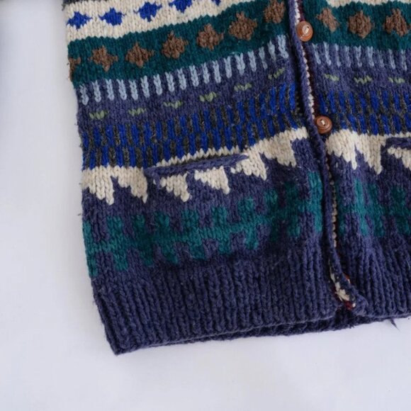 Vintage Handmade Maroon Teal 100% Heavy Weight Wool Button Up Knit Sweater L-XL - Picture 7 of 11